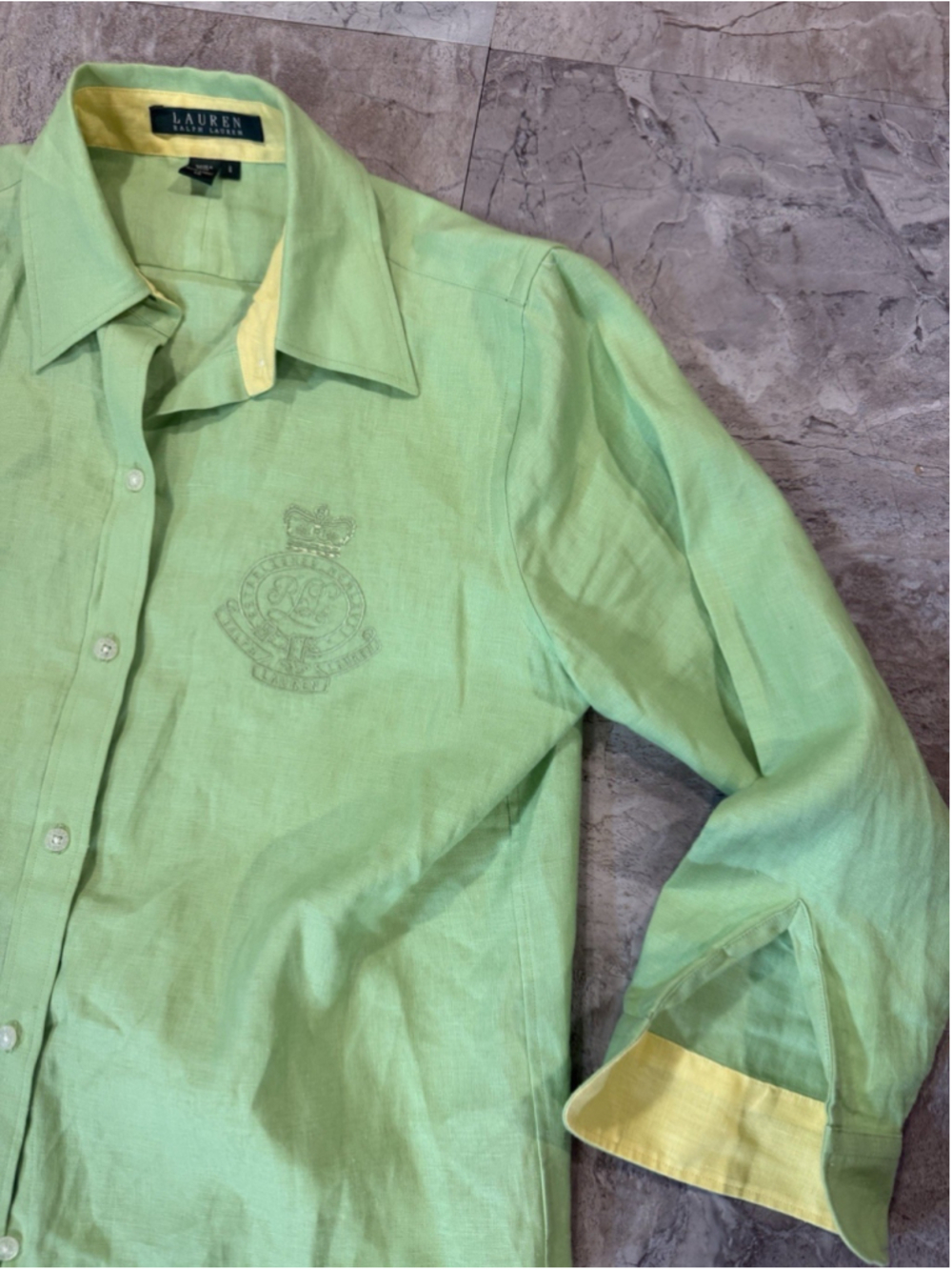 Lauren Ralph Lauren 100% Linen Button Down Shirt Women’s Lime Green Crest Sz M